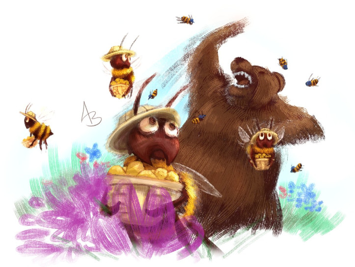 A piece of Hive Time fan art depicting Foragers fleeing from Old Bitey while Defenders assail the bear.