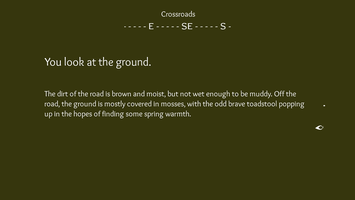 A screenshot of the Crossroads scene describing fungi growing in the dirt.