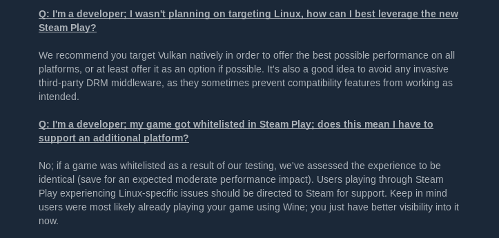 Two of the FAQ entries in the announcement of the Steam Play/Proton beta.
