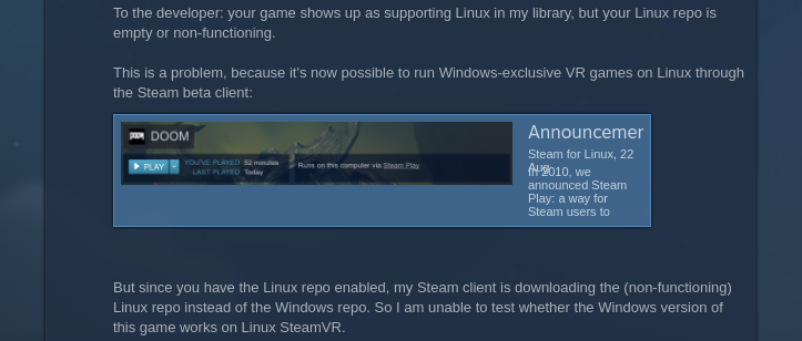 A user request asking a developer to remove an unpublished Linux port from Steam.