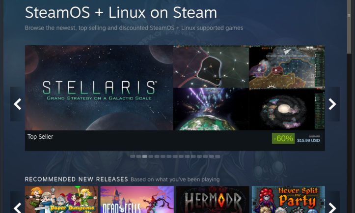 The SteamOS + Linux section of the Steam storefront.