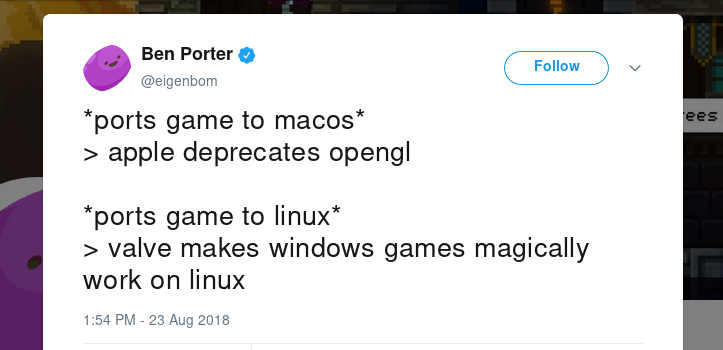 A Tweet from a developer who is working on a Linux build of their game.