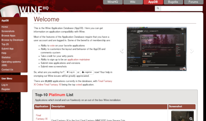 A screenshot of the WineHQ website.