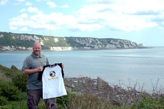 lazrhog with one of the shirts at the White Cliffs of Dover.