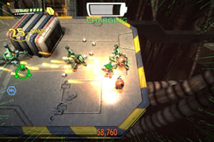 Cactus takes on some robots in the early level Descent.
