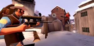 A Blu Sniper faces off against a Red Pyro.
